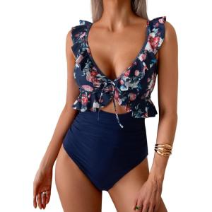 imageEomenie One Piece Swimsuit for Women Tummy Control Ruffle Bathing Suit V Neck Ruched Swim Suit Slimming Cutout SwimwearBlack Floral