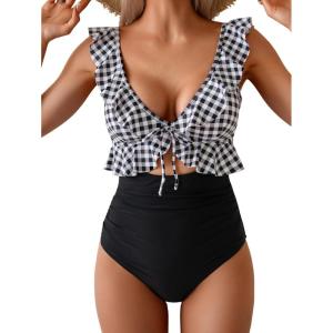 imageEomenie One Piece Swimsuit for Women Tummy Control Ruffle Bathing Suit V Neck Ruched Swim Suit Slimming Cutout SwimwearBlack Plaid
