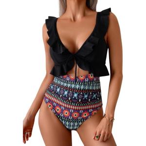imageEomenie One Piece Swimsuit for Women Tummy Control Ruffle Bathing Suit V Neck Ruched Swim Suit Slimming Cutout SwimwearBlack Print
