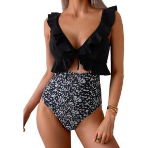 imageEomenie One Piece Swimsuit for Women Tummy Control Ruffle Bathing Suit V Neck Ruched Swim Suit Slimming Cutout SwimwearBlack White Print