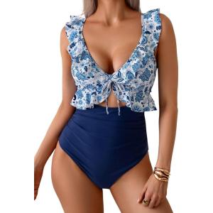 imageEomenie One Piece Swimsuit for Women Tummy Control Ruffle Bathing Suit V Neck Ruched Swim Suit Slimming Cutout SwimwearBlue Floral