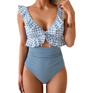 imageEomenie One Piece Swimsuit for Women Tummy Control Ruffle Bathing Suit V Neck Ruched Swim Suit Slimming Cutout SwimwearBlue Plaid