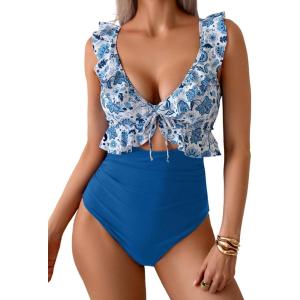 imageEomenie One Piece Swimsuit for Women Tummy Control Ruffle Bathing Suit V Neck Ruched Swim Suit Slimming Cutout SwimwearBlue Print