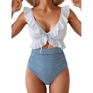 imageEomenie One Piece Swimsuit for Women Tummy Control Ruffle Bathing Suit V Neck Ruched Swim Suit Slimming Cutout SwimwearBlue Stripes