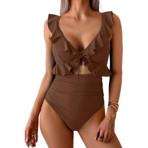 imageEomenie One Piece Swimsuit for Women Tummy Control Ruffle Bathing Suit V Neck Ruched Swim Suit Slimming Cutout SwimwearBrown