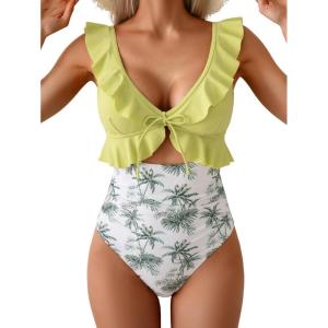 imageEomenie One Piece Swimsuit for Women Tummy Control Ruffle Bathing Suit V Neck Ruched Swim Suit Slimming Cutout SwimwearGreen Print