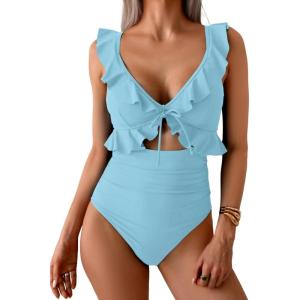 imageEomenie One Piece Swimsuit for Women Tummy Control Ruffle Bathing Suit V Neck Ruched Swim Suit Slimming Cutout SwimwearLight Blue