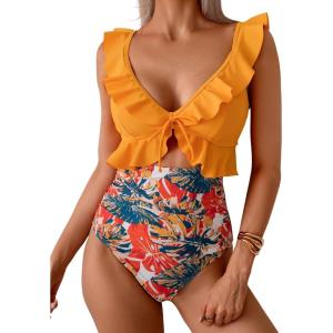 imageEomenie One Piece Swimsuit for Women Tummy Control Ruffle Bathing Suit V Neck Ruched Swim Suit Slimming Cutout SwimwearOrange Print