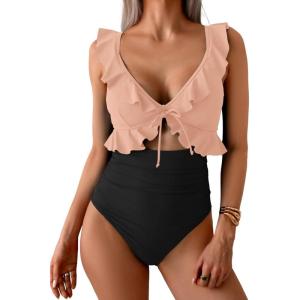 imageEomenie One Piece Swimsuit for Women Tummy Control Ruffle Bathing Suit V Neck Ruched Swim Suit Slimming Cutout SwimwearPeach Pink black