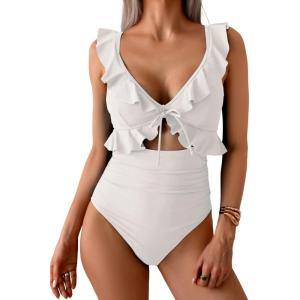 imageEomenie One Piece Swimsuit for Women Tummy Control Ruffle Bathing Suit V Neck Ruched Swim Suit Slimming Cutout SwimwearWhite