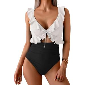 imageEomenie One Piece Swimsuit for Women Tummy Control Ruffle Bathing Suit V Neck Ruched Swim Suit Slimming Cutout SwimwearWhite black