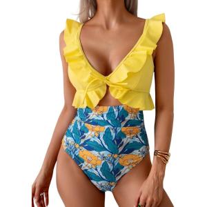 imageEomenie One Piece Swimsuit for Women Tummy Control Ruffle Bathing Suit V Neck Ruched Swim Suit Slimming Cutout SwimwearYellow Floral