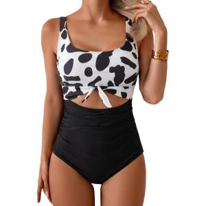 imageEomenie Womens One Piece Swimsuit Tummy Control Slimming Bathing Suit Cutout Tie Knot SwimwearCow Print Block