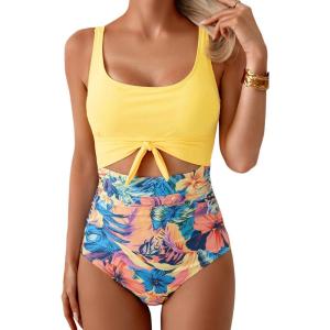 imageEomenie Womens One Piece Swimsuit Tummy Control Slimming Bathing Suit Cutout Tie Knot SwimwearYellow Flower Block