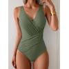 imageEomenie One Piece Swimsuit for Women Tummy Control Bathing Suit V Neck Swim Suit Ruched Criss Cross SwimwearArmy Green