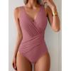 imageEomenie One Piece Swimsuit for Women Tummy Control Bathing Suit V Neck Swim Suit Ruched Criss Cross SwimwearBean Pink