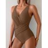 imageEomenie One Piece Swimsuit for Women Tummy Control Bathing Suit V Neck Swim Suit Ruched Criss Cross SwimwearBrown