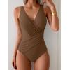 imageEomenie One Piece Swimsuit for Women Tummy Control Bathing Suit V Neck Swim Suit Ruched Criss Cross SwimwearBrown