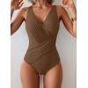 imageEomenie One Piece Swimsuit for Women Tummy Control Bathing Suit V Neck Swim Suit Ruched Criss Cross SwimwearBrown