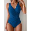 imageEomenie One Piece Swimsuit for Women Tummy Control Bathing Suit V Neck Swim Suit Ruched Criss Cross SwimwearDeep Blue