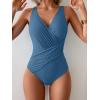 imageEomenie One Piece Swimsuit for Women Tummy Control Bathing Suit V Neck Swim Suit Ruched Criss Cross SwimwearGray Blue