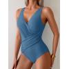 imageEomenie One Piece Swimsuit for Women Tummy Control Bathing Suit V Neck Swim Suit Ruched Criss Cross SwimwearGray Blue