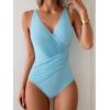 imageEomenie One Piece Swimsuit for Women Tummy Control Bathing Suit V Neck Swim Suit Ruched Criss Cross SwimwearLight Blue