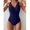 imageEomenie One Piece Swimsuit for Women Tummy Control Bathing Suit V Neck Swim Suit Ruched Criss Cross SwimwearNavy Blue