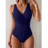 imageEomenie One Piece Swimsuit for Women Tummy Control Bathing Suit V Neck Swim Suit Ruched Criss Cross SwimwearNavy Blue