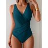 imageEomenie One Piece Swimsuit for Women Tummy Control Bathing Suit V Neck Swim Suit Ruched Criss Cross SwimwearPeacock Green