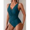 imageEomenie One Piece Swimsuit for Women Tummy Control Bathing Suit V Neck Swim Suit Ruched Criss Cross SwimwearPeacock Green