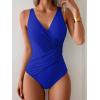 imageEomenie One Piece Swimsuit for Women Tummy Control Bathing Suit V Neck Swim Suit Ruched Criss Cross SwimwearRoyal Blue