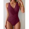 imageEomenie One Piece Swimsuit for Women Tummy Control Bathing Suit V Neck Swim Suit Ruched Criss Cross SwimwearWine Red