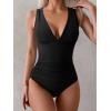 imageEomenie One Piece Swimsuit for Women Tummy Control Plunge V Neck Bathing Suit Slimming Wide Straps SwimwearBlackribbed