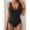 imageEomenie One Piece Swimsuit for Women Tummy Control Slimming Bathing Suit Wide Straps V Neck Swim Suit Cross Back SwimwearBlack Ribbed