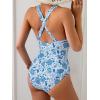 imageEomenie One Piece Swimsuit for Women Tummy Control Slimming Bathing Suit Wide Straps V Neck Swim Suit Cross Back SwimwearBlue Floral