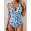 imageEomenie One Piece Swimsuit for Women Tummy Control Slimming Bathing Suit Wide Straps V Neck Swim Suit Cross Back SwimwearBlue Floral