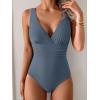 imageEomenie One Piece Swimsuit for Women Tummy Control Slimming Bathing Suit Wide Straps V Neck Swim Suit Cross Back SwimwearGrey Blue