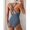 imageEomenie One Piece Swimsuit for Women Tummy Control Slimming Bathing Suit Wide Straps V Neck Swim Suit Cross Back SwimwearGrey Blue