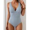 imageEomenie One Piece Swimsuit for Women Tummy Control Slimming Bathing Suit Wide Straps V Neck Swim Suit Cross Back SwimwearGrey Blue Ribbed