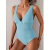 imageEomenie One Piece Swimsuit for Women Tummy Control Slimming Bathing Suit Wide Straps V Neck Swim Suit Cross Back SwimwearLight Blue