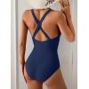imageEomenie One Piece Swimsuit for Women Tummy Control Slimming Bathing Suit Wide Straps V Neck Swim Suit Cross Back SwimwearNavy Blue