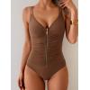 imageEomenie One Piece Swimsuit for Women Zip Front Tummy Control Bathing Suit Ruched Slimming Swimwear Double Straps Swim SuitBrown