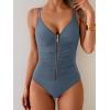 imageEomenie One Piece Swimsuit for Women Zip Front Tummy Control Bathing Suit Ruched Slimming Swimwear Double Straps Swim SuitGray Blue