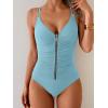 imageEomenie One Piece Swimsuit for Women Zip Front Tummy Control Bathing Suit Ruched Slimming Swimwear Double Straps Swim SuitLight Blue
