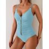 imageEomenie One Piece Swimsuit for Women Zip Front Tummy Control Bathing Suit Ruched Slimming Swimwear Double Straps Swim SuitLight Blue
