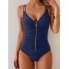 imageEomenie One Piece Swimsuit for Women Zip Front Tummy Control Bathing Suit Ruched Slimming Swimwear Double Straps Swim SuitNavy Blue