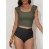 imageEomenie Tankini Swimsuits for Women Ruched Tummy Control Bathing Suit Two Piece Swim Tank Top with High Waisted BottomArmy Green Black