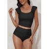 imageEomenie Tankini Swimsuits for Women Ruched Tummy Control Bathing Suit Two Piece Swim Tank Top with High Waisted BottomBlack