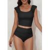 imageEomenie Tankini Swimsuits for Women Ruched Tummy Control Bathing Suit Two Piece Swim Tank Top with High Waisted BottomBlack